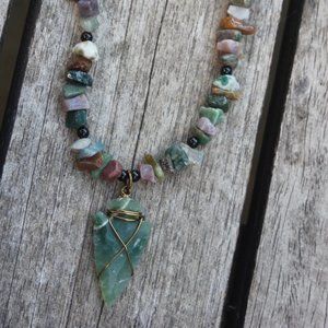 Grasslands necklace  gemstones glass beads bronze chain green black brown